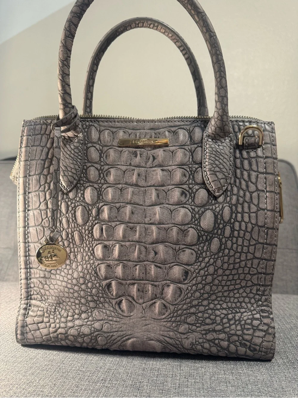Brahmin Medium Metallic Gray Croc-Embossed  Satchel